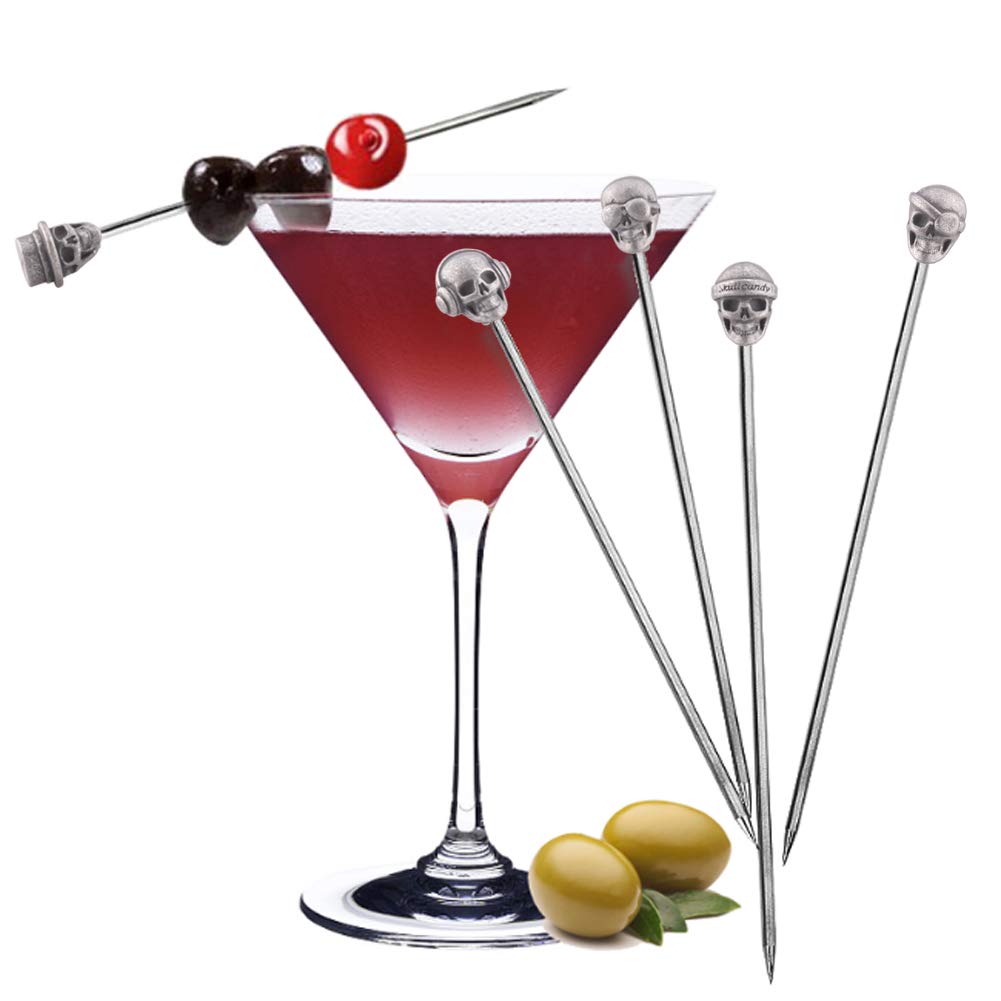 DEEKOUDT Skull Cocktail Picks Martini Picks Reusable Olive Picks Garnish Skewer Fruit Toothpicks Pack of 10 (Antique Silver)