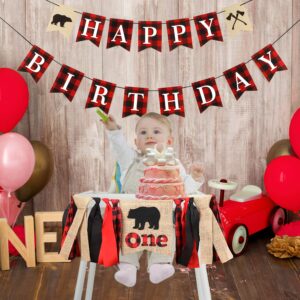 Boao Lumberjack First Birthday Party Decorations Lumberjack Buffalo Plaid 1st Highchair Banner Camping Wild Bear Birthday Party High Chair Banner for Baby Boy Girl Photo Props Backdrop Decors