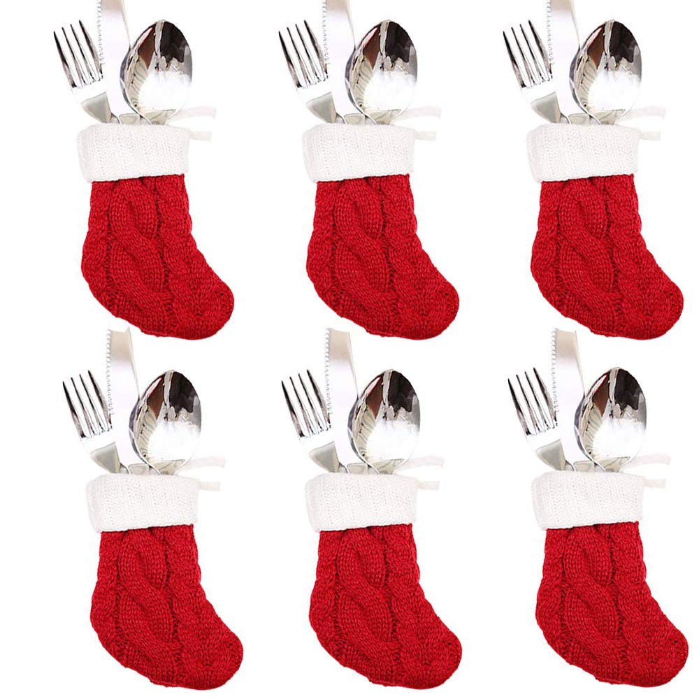 DegGod 6Pcs Christmas Tableware Silverware Holders Set, Red Knitted Christmas Stockings Knife and Fork Bags Covers for Thanksgiving New Year Party Decorations Xmas Dinner Table Decor Ornaments (Red)