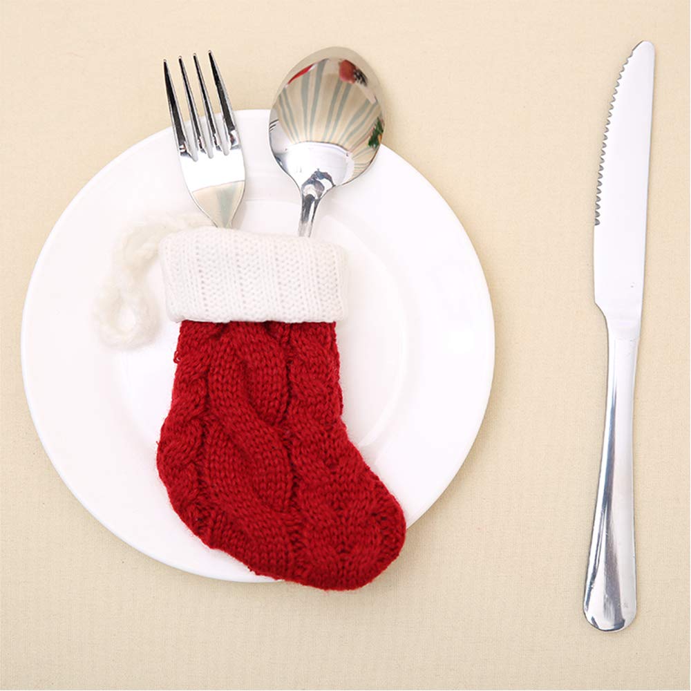 DegGod 6Pcs Christmas Tableware Silverware Holders Set, Red Knitted Christmas Stockings Knife and Fork Bags Covers for Thanksgiving New Year Party Decorations Xmas Dinner Table Decor Ornaments (Red)