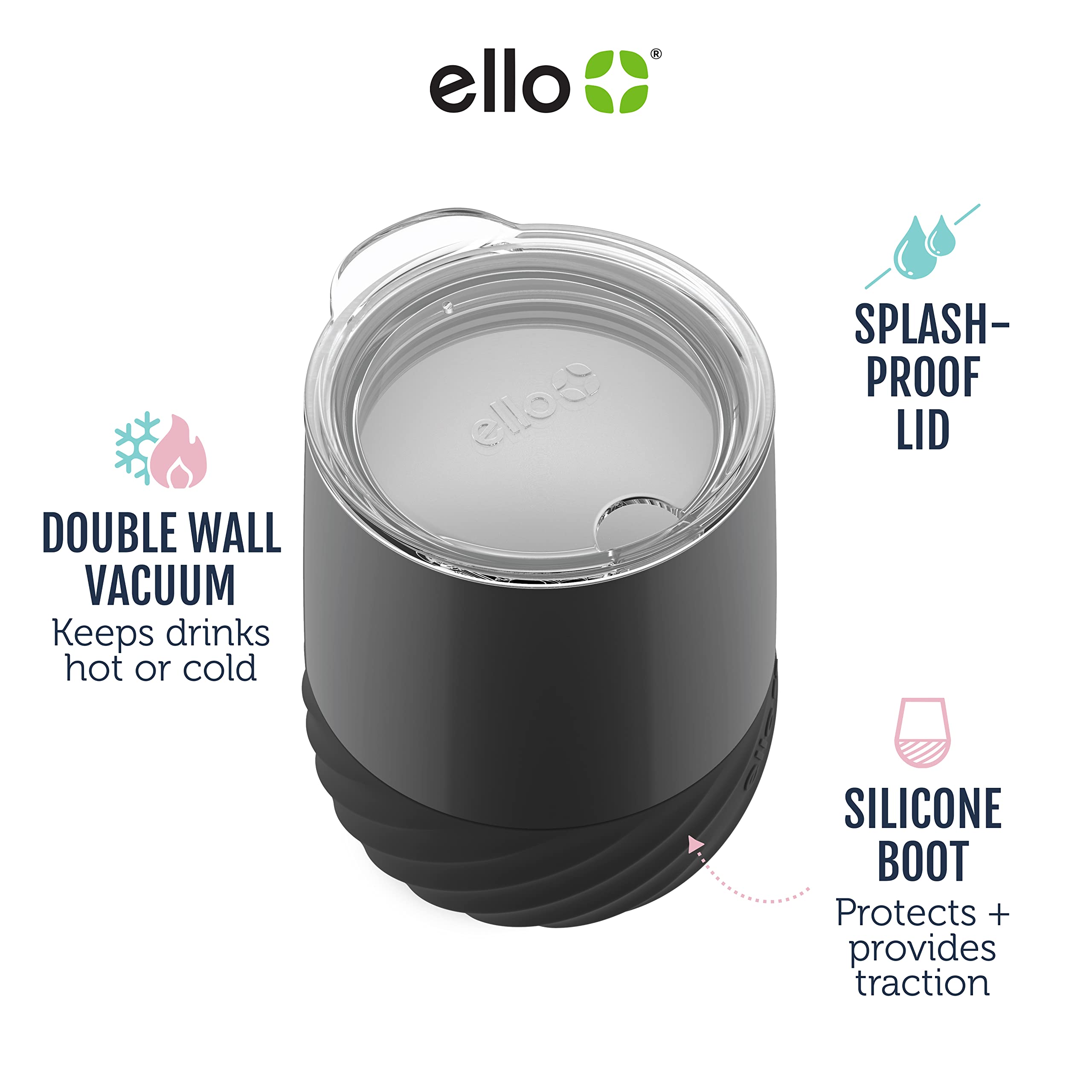 Ello Clink 12oz Vacuum Insulated Stainless Steel Wine Tumbler with Built-in Silicone Protection Coaster, Stemless Wine Cup, Coffee, Tea, Champaign, Cocktail, Yucca