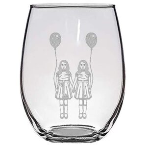 creepy scary hallway twins horror film movie parody - laser engraved stemless wine glasses