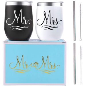 mr and mrs wedding gift box set for bride & groom - 12 oz stainless steel wine tumbler/cup/mug/honeymoon/bridal shower/bride to be/engagement/bachelorette party for newlyweds couples/husband and wife