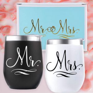 Mr and Mrs Wedding Gift Box Set for Bride & Groom - 12 oz Stainless Steel Wine Tumbler/Cup/Mug/Honeymoon/Bridal Shower/Bride to be/Engagement/Bachelorette Party for Newlyweds Couples/Husband and Wife