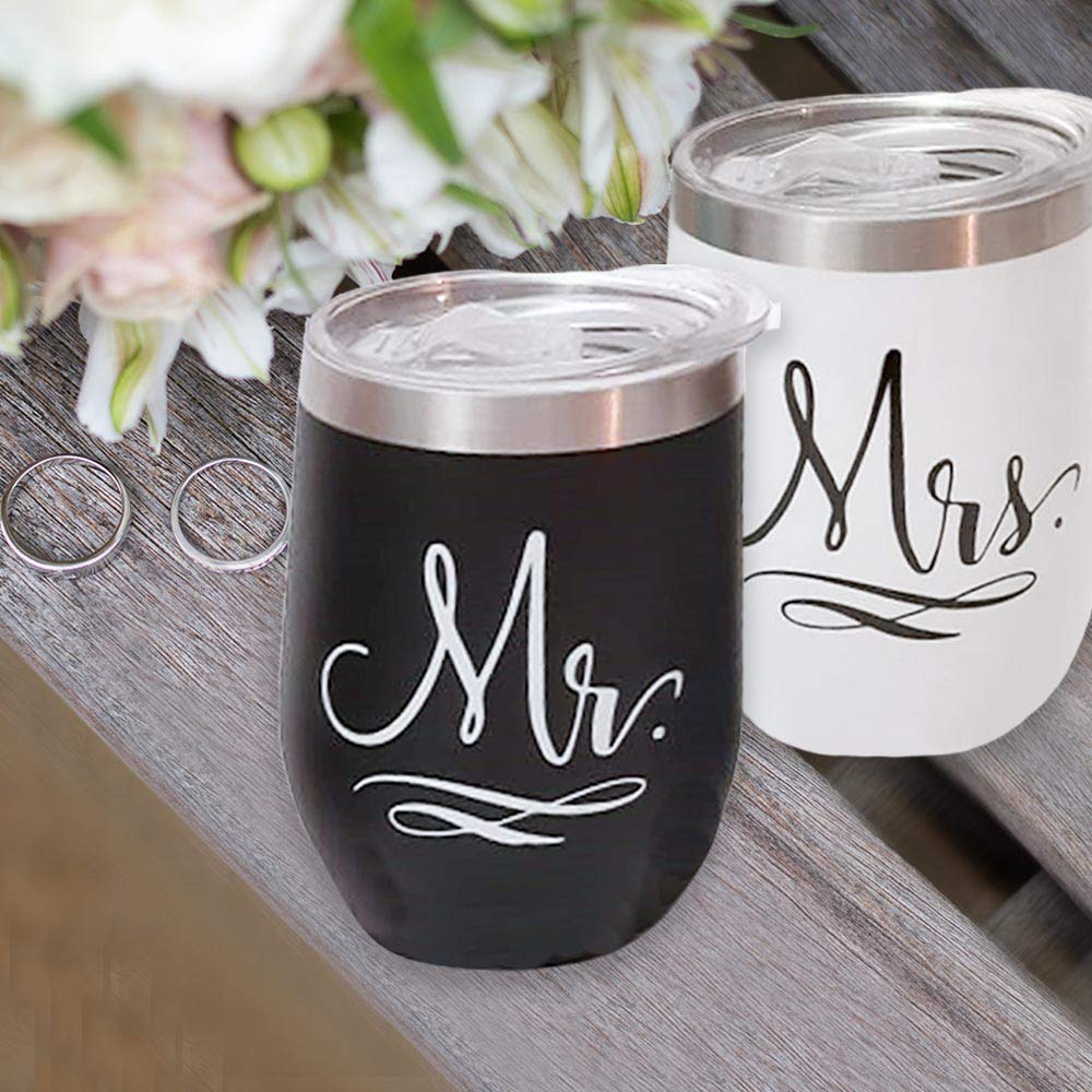 Mr and Mrs Wedding Gift Box Set for Bride & Groom - 12 oz Stainless Steel Wine Tumbler/Cup/Mug/Honeymoon/Bridal Shower/Bride to be/Engagement/Bachelorette Party for Newlyweds Couples/Husband and Wife