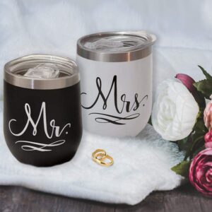 Mr and Mrs Wedding Gift Box Set for Bride & Groom - 12 oz Stainless Steel Wine Tumbler/Cup/Mug/Honeymoon/Bridal Shower/Bride to be/Engagement/Bachelorette Party for Newlyweds Couples/Husband and Wife