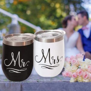 Mr and Mrs Wedding Gift Box Set for Bride & Groom - 12 oz Stainless Steel Wine Tumbler/Cup/Mug/Honeymoon/Bridal Shower/Bride to be/Engagement/Bachelorette Party for Newlyweds Couples/Husband and Wife