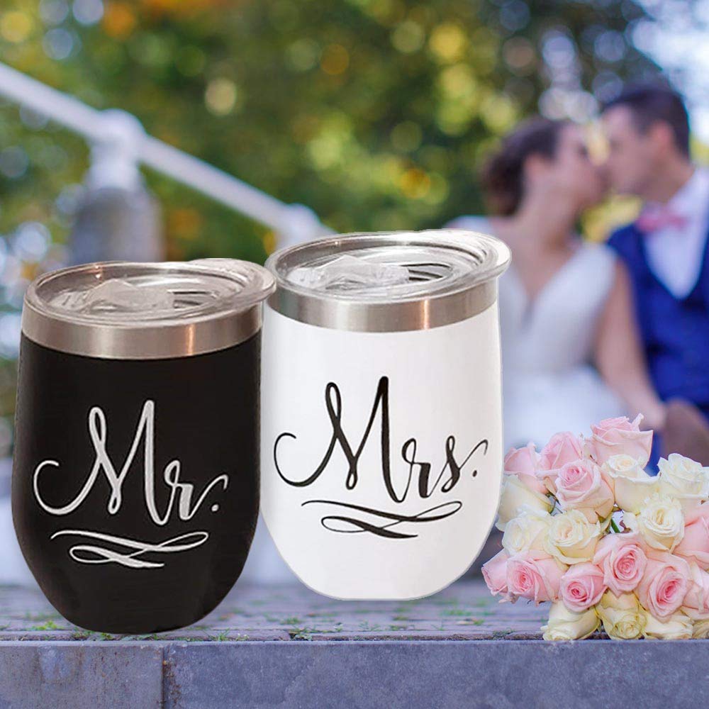 Mr and Mrs Wedding Gift Box Set for Bride & Groom - 12 oz Stainless Steel Wine Tumbler/Cup/Mug/Honeymoon/Bridal Shower/Bride to be/Engagement/Bachelorette Party for Newlyweds Couples/Husband and Wife