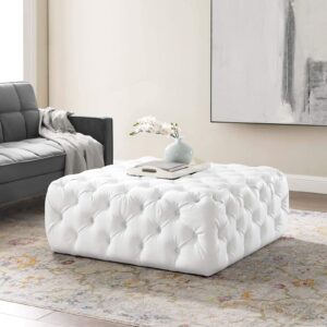 Modway Amour Tufted Vegan Leather Upholstered White, Large Square Ottoman