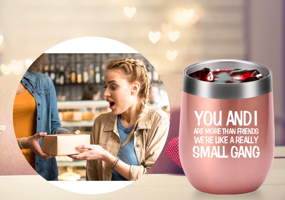 AMZUShome You And I Are More Than Friends We're Like A Really Small Gang Mug.Best Friend,Long Distance Friendship,Birthday,Christmas Gifts for Women,Bestie Wine Tumbler(12oz Rose Gold)