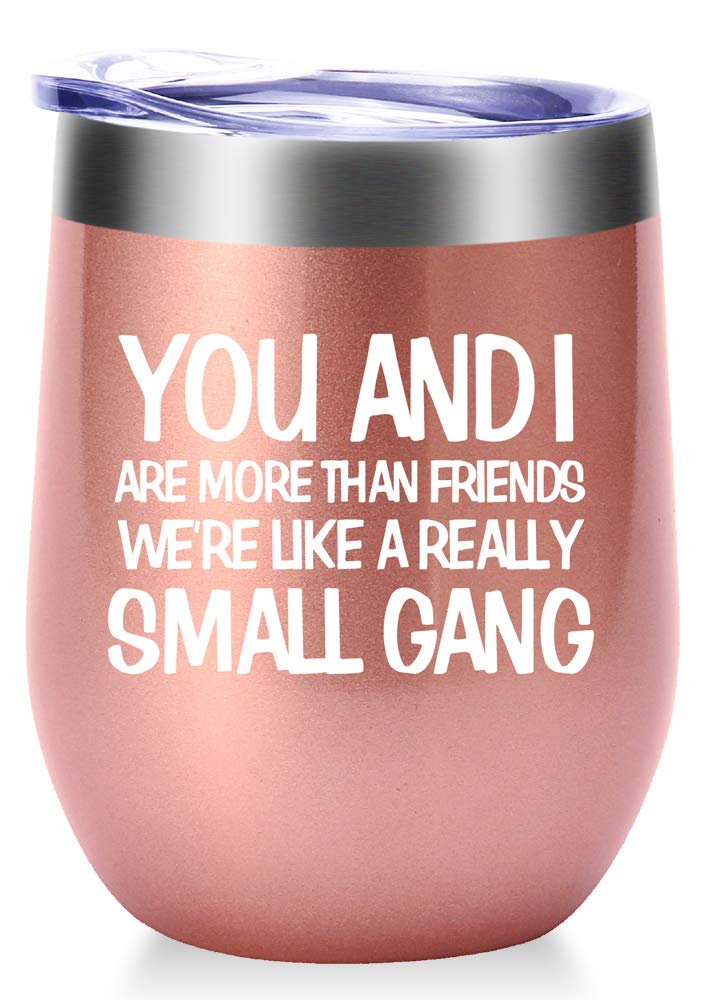 AMZUShome You And I Are More Than Friends We're Like A Really Small Gang Mug.Best Friend,Long Distance Friendship,Birthday,Christmas Gifts for Women,Bestie Wine Tumbler(12oz Rose Gold)