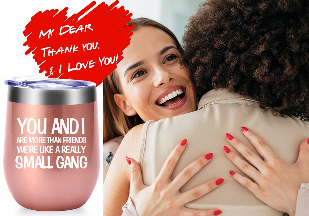 AMZUShome You And I Are More Than Friends We're Like A Really Small Gang Mug.Best Friend,Long Distance Friendship,Birthday,Christmas Gifts for Women,Bestie Wine Tumbler(12oz Rose Gold)