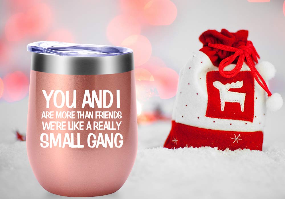 AMZUShome You And I Are More Than Friends We're Like A Really Small Gang Mug.Best Friend,Long Distance Friendship,Birthday,Christmas Gifts for Women,Bestie Wine Tumbler(12oz Rose Gold)