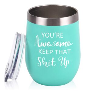 thank you gifts, you're awesome wine tumbler, birthday christmas gifts for women friends wife mom, 12 oz insulated stainless steel wine tumbler with lid, funny ideas for women friends girlfriend, mint