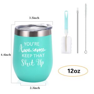 Thank You Gifts, You're Awesome Wine Tumbler, Birthday Christmas Gifts for Women Friends Wife Mom, 12 Oz Insulated Stainless Steel Wine Tumbler with Lid, Funny Ideas for Women Friends Girlfriend, Mint