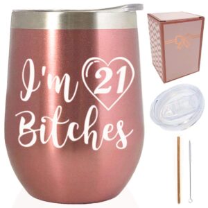 21st birthday gifts for her - i'm 21 finally legal rose gold 12 oz stainless steel wine tumbler/insulated coffee cup/glass w/lid & straw | funny sayings gift ideas for best friends,sisters,daughter