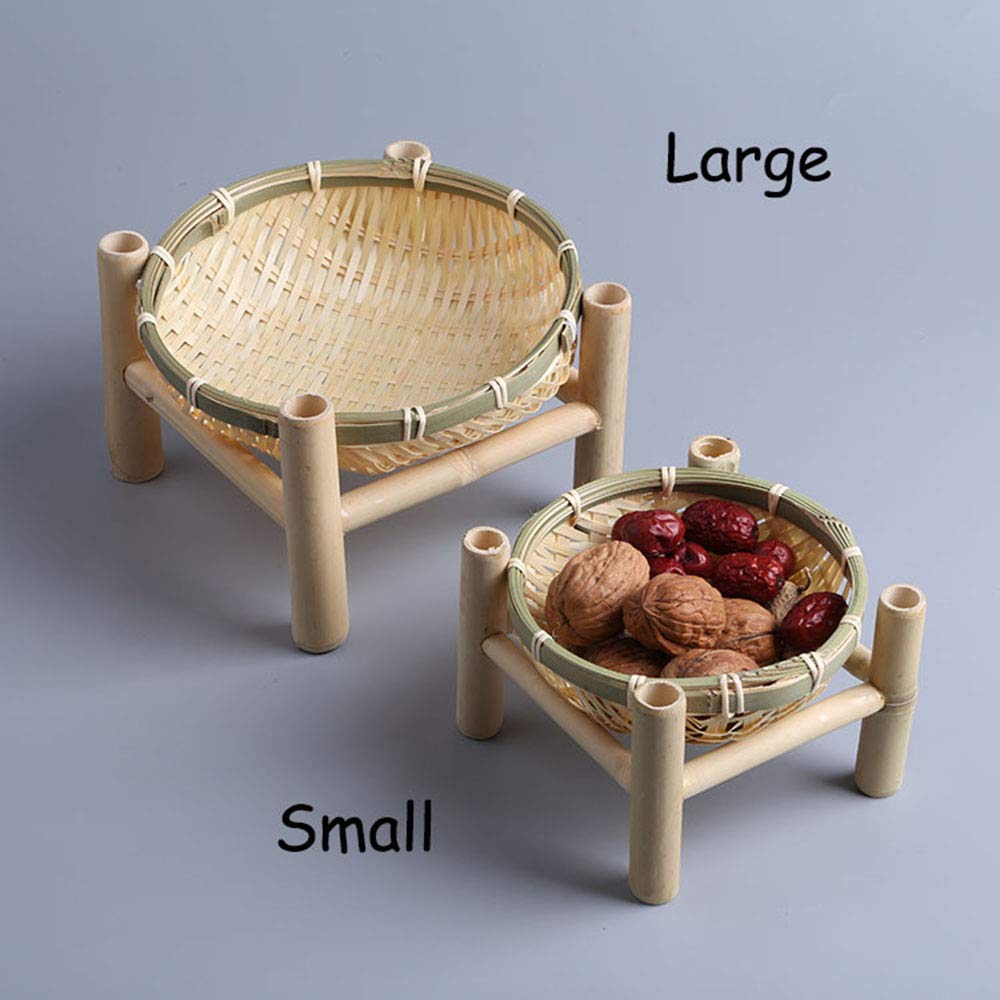 TimesFriend Rural Natural Mini Round Bamboo Basket for Fruit with 4 Stand Countryside Styles Home Decor Disply Dry Fruit Tray Bowl (Large)