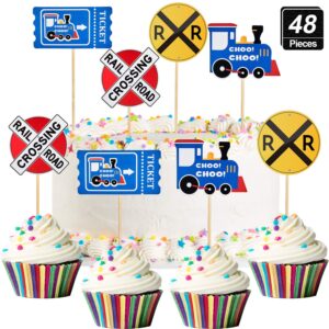 48 pieces railroad party crossing decoration railroad train crossing cupcake toppers steam train cupcake picks for birthday party railway steam train theme party