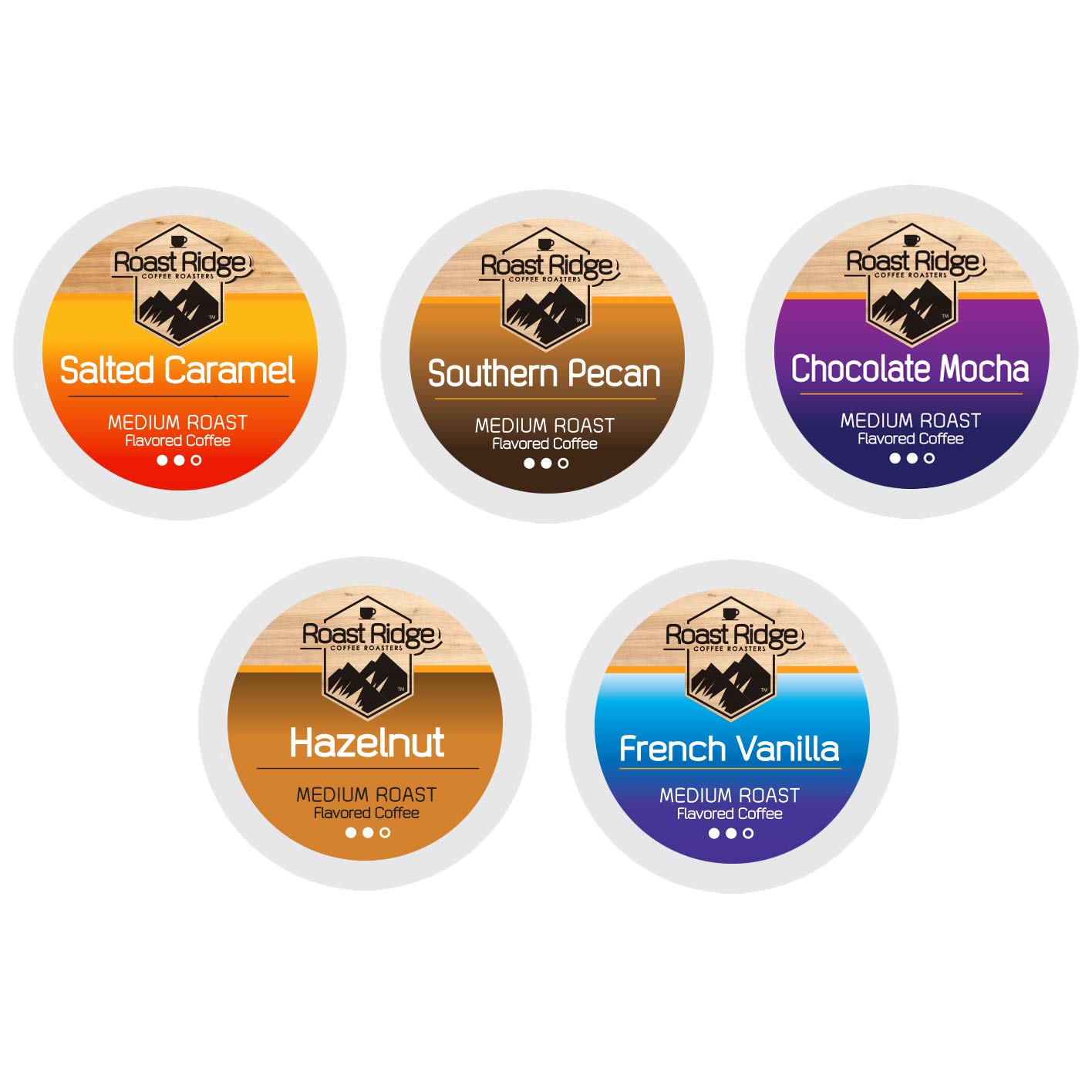 Roast Ridge Single Serve Coffee Pods for Keurig K-Cup Brewers, Variety Pack, 100 Count (20 each: Salted Caramel, Southern Pecan, Chocolate Mocha, Hazelnut, French Vanilla)