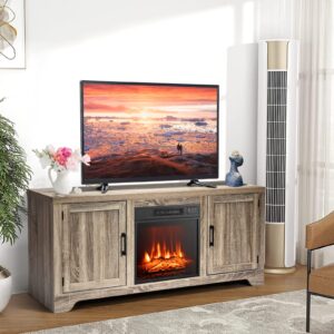 Tangkula Fireplace TV Stand, with 18” Electric Fireplace with Adjustable Flame & Heat, Timer and Remote Control, Farmhouse Media Entertainment Center for TVs up to 65 inches with 1400W Fireplace