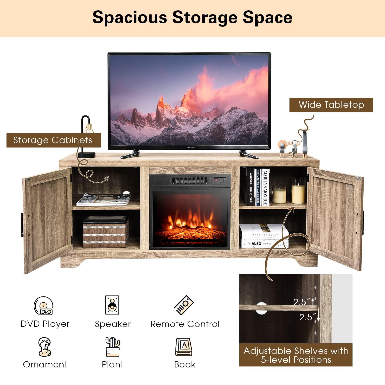 Tangkula Fireplace TV Stand, with 18” Electric Fireplace with Adjustable Flame & Heat, Timer and Remote Control, Farmhouse Media Entertainment Center for TVs up to 65 inches with 1400W Fireplace