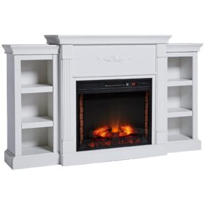homcom 70" w x 15.75" h electric fireplace mantel tv stand, media console center cabinet with 6 shelves and remote control, cream white