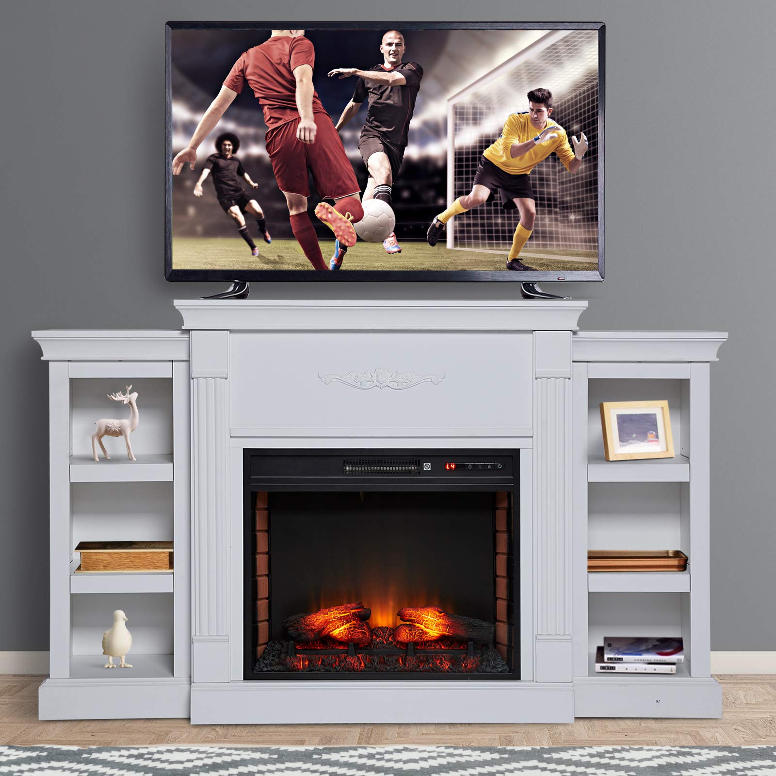 HOMCOM 70" W x 15.75" H Electric Fireplace Mantel TV Stand, Media Console Center Cabinet with 6 Shelves and Remote Control, Cream White