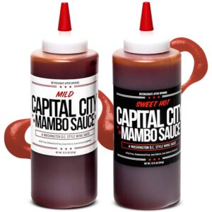 capital city mambo sauce - variety 2 pack - sweet hot & mild | washington dc wing sauces | perfect condiment topping for wings, chicken, pork, beef, seafood, burgers, rice or noodles | 12 fl oz bottles