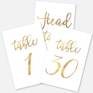 merry expressions gold wedding table numbers 1-30, wedding decorations for reception - 4x6 inch double sided