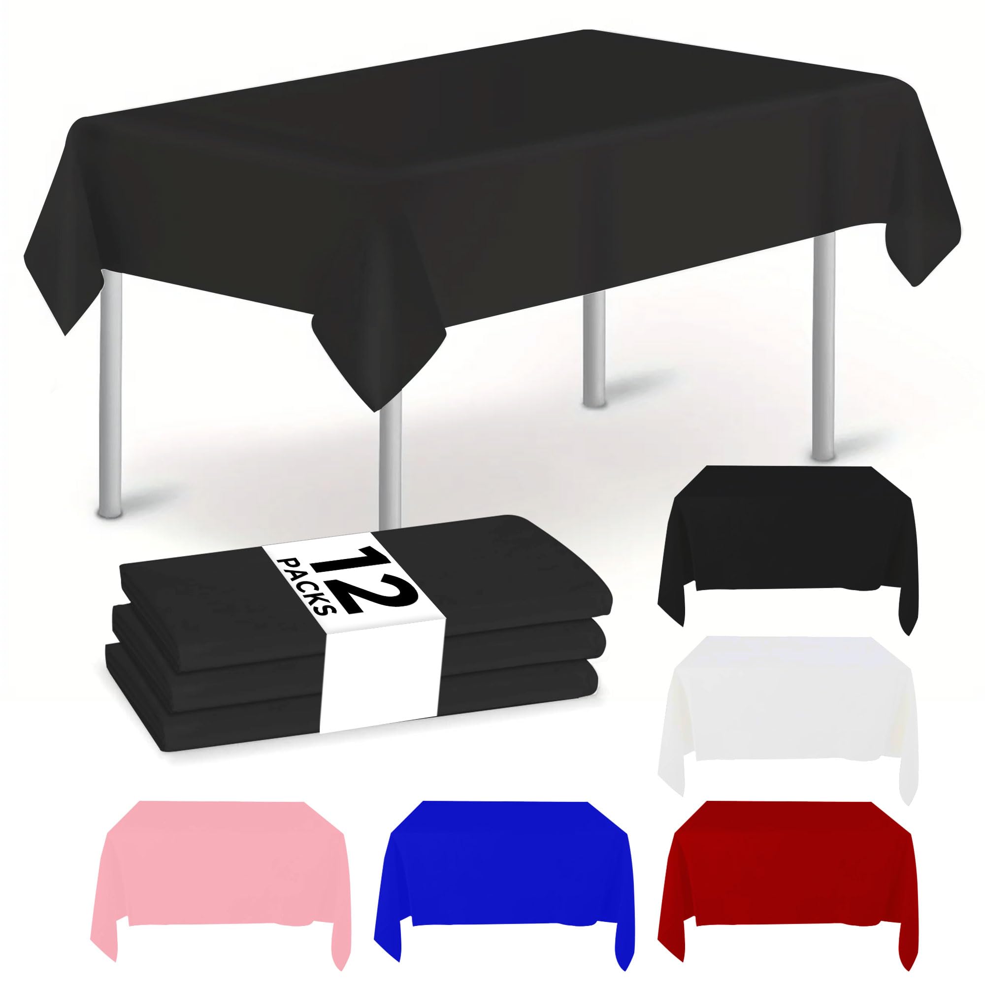 NORZEE 12-Pack Disposable Plastic Tablecloths, 54" x 108" Plastic Table Cloth, Rectangle Table Cover (Black, 12 Pack Rectangle 54" X 108")