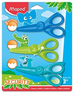 maped kidicut spring-assisted & craft plastic safety scissors, kids, 4.75 inch, set of 3 (981727)