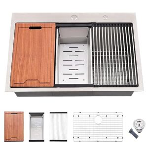 33-inch drop in workstation kitchen sink - vokim 33 x22inch single bowl kitchen sink 16 gauge stainless steel 10'' deep handmade kitchen sink with cutting board& strainer