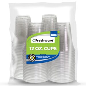 freshware plastic cups [12 oz, 100-pcs] - disposable cold drink party soda cups, crystal clear pet cups