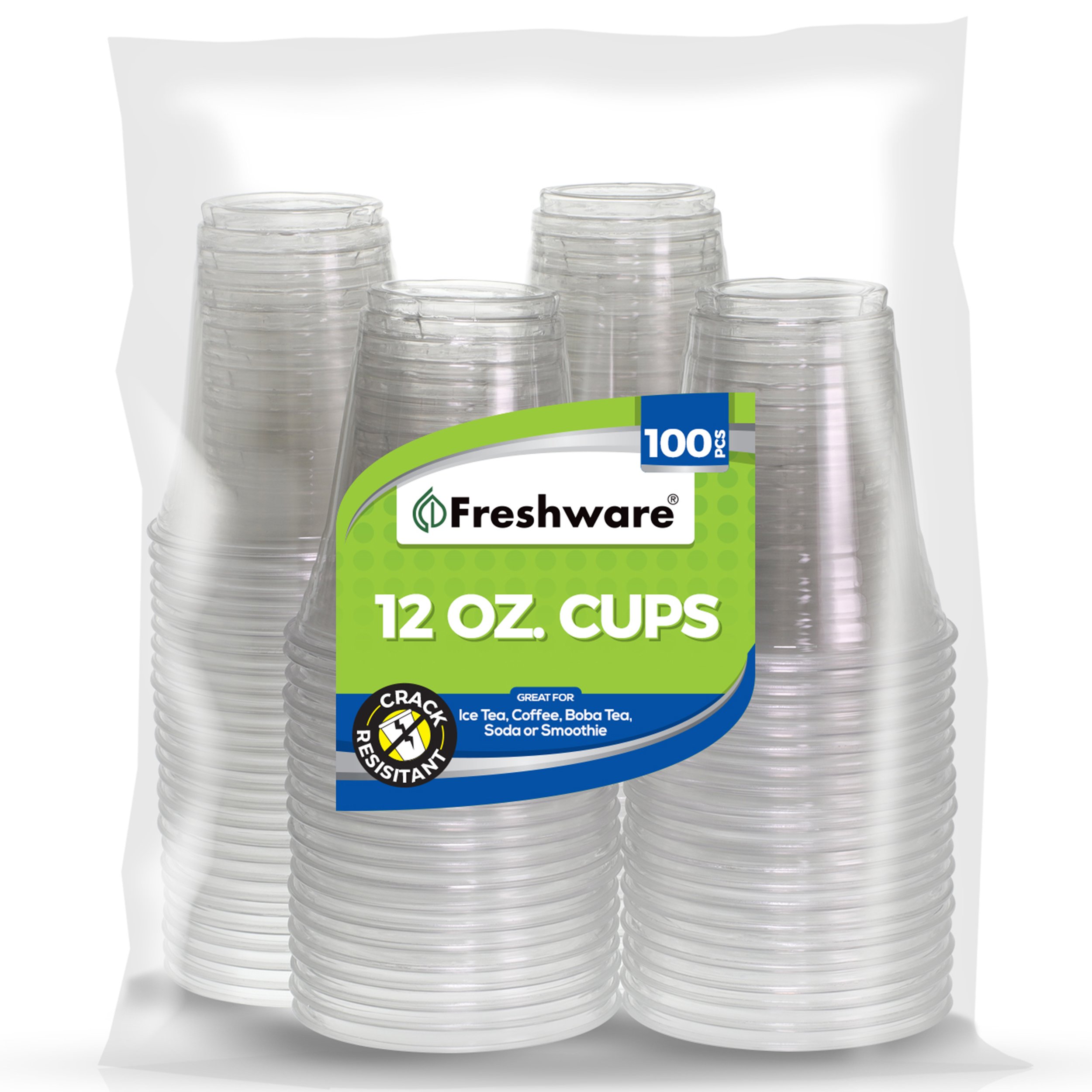 Freshware Plastic Cups [12 oz, 100-PCS] - Disposable Cold Drink Party Soda Cups, Crystal Clear PET Cups