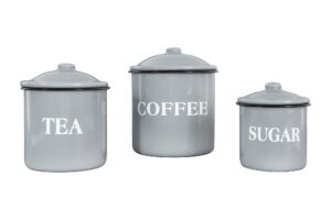creative co-op metal containers with lids, "coffee", "tea", "sugar" (set of 3 sizes/designs),grey