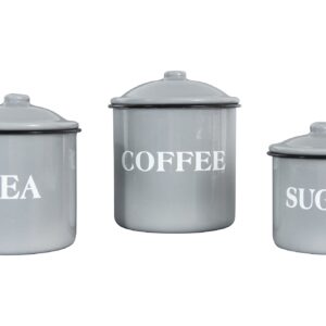 Creative Co-Op Metal Containers with Lids, "Coffee", "Tea", "Sugar" (Set of 3 Sizes/Designs),Grey