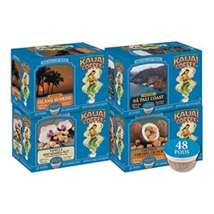 kauai coffee starter variety pack of island sunrise, na pali coast, vanilla macadamia nut, coconut caramel crunch –compatible with keurig pods k-cup brewers (4 packs of 12 single-serve cups)