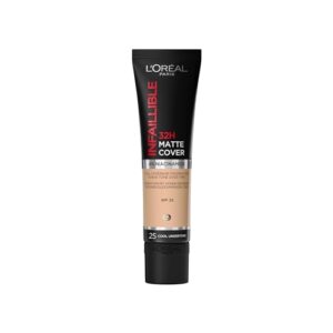 l'oreal paris cover liquid foundation, with 4% niacinamide, long lasting, natural finish, available in 20 shades, spf 25, infallible 32h matte cover, shade 25, 30ml