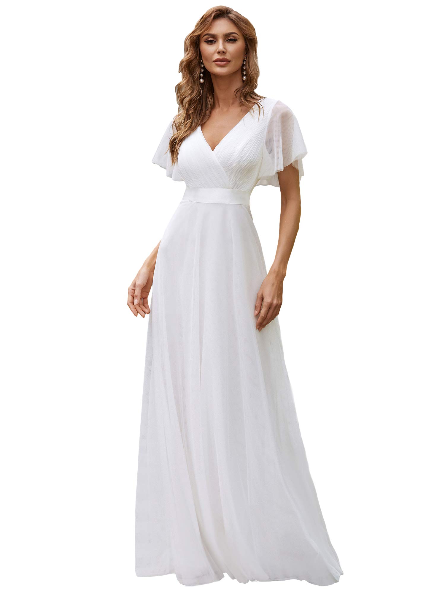 Ever-Pretty Women's Mother of Bride Dress Double V-Neck Empire Waist Front Wrap Tulle Bridesmaid Dress White US4