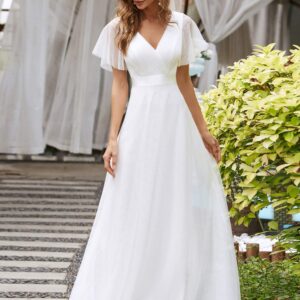 Ever-Pretty Women's Mother of Bride Dress Double V-Neck Empire Waist Front Wrap Tulle Bridesmaid Dress White US4
