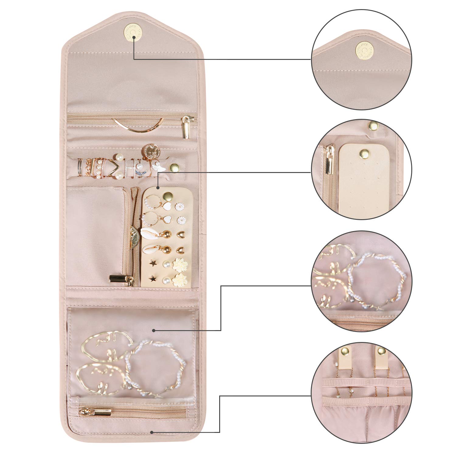 BAGSMART Travel Jewelry Organizer Case Foldable Jewelry Roll for Journey-Rings, Necklaces, Earrings, Bracelets,Mini,Soft Pink