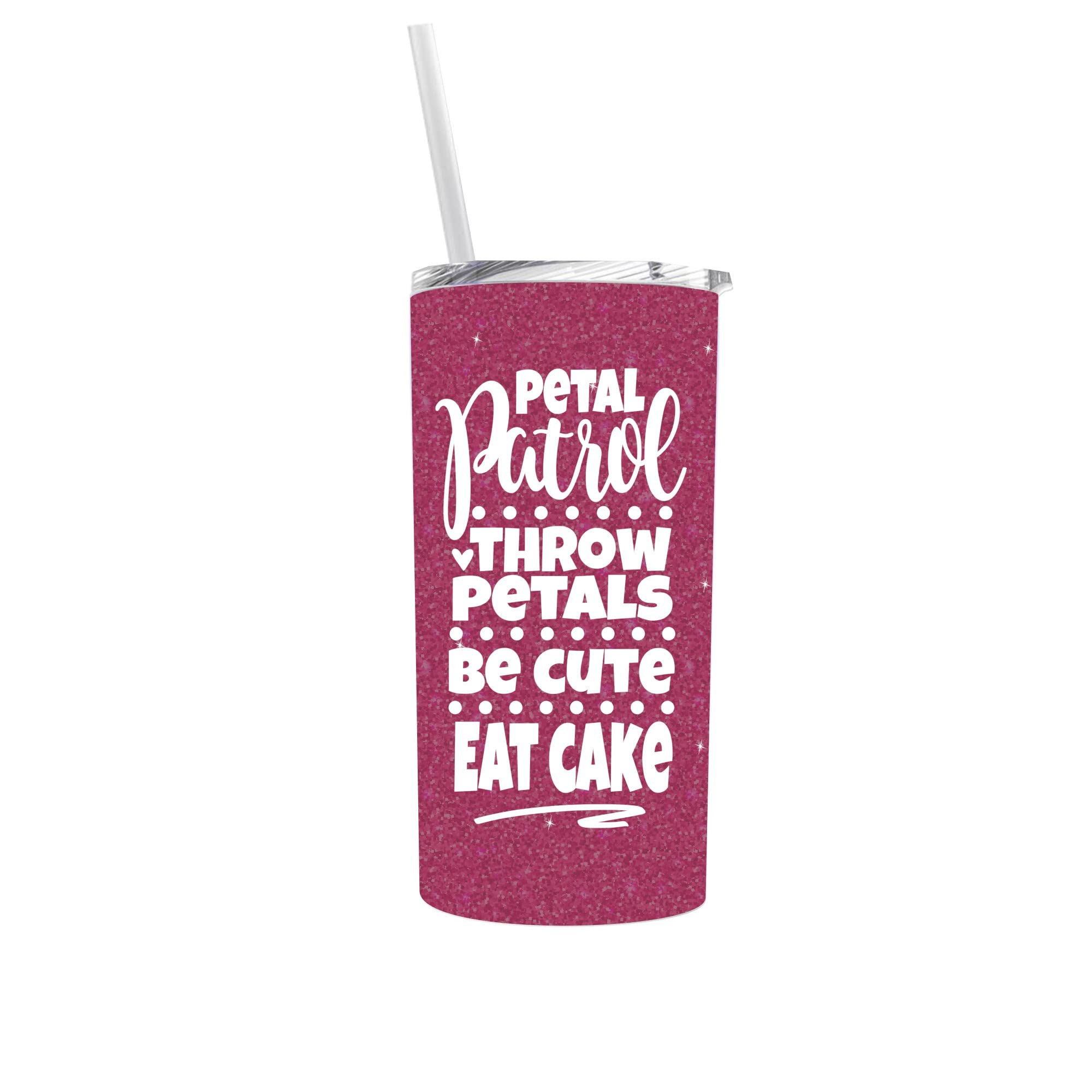 Petal Patrol Flower Girl Tumbler, 16 oz Stainless Steel Travel Mug with Lid and Straw, Pink Shimmer, Insulated for Hot and Cold Beverages, Ideal Wedding Day Gift for Girls, Includes Sippable Lid 0264