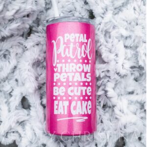 Petal Patrol Flower Girl Tumbler, 16 oz Stainless Steel Travel Mug with Lid and Straw, Pink Shimmer, Insulated for Hot and Cold Beverages, Ideal Wedding Day Gift for Girls, Includes Sippable Lid 0264