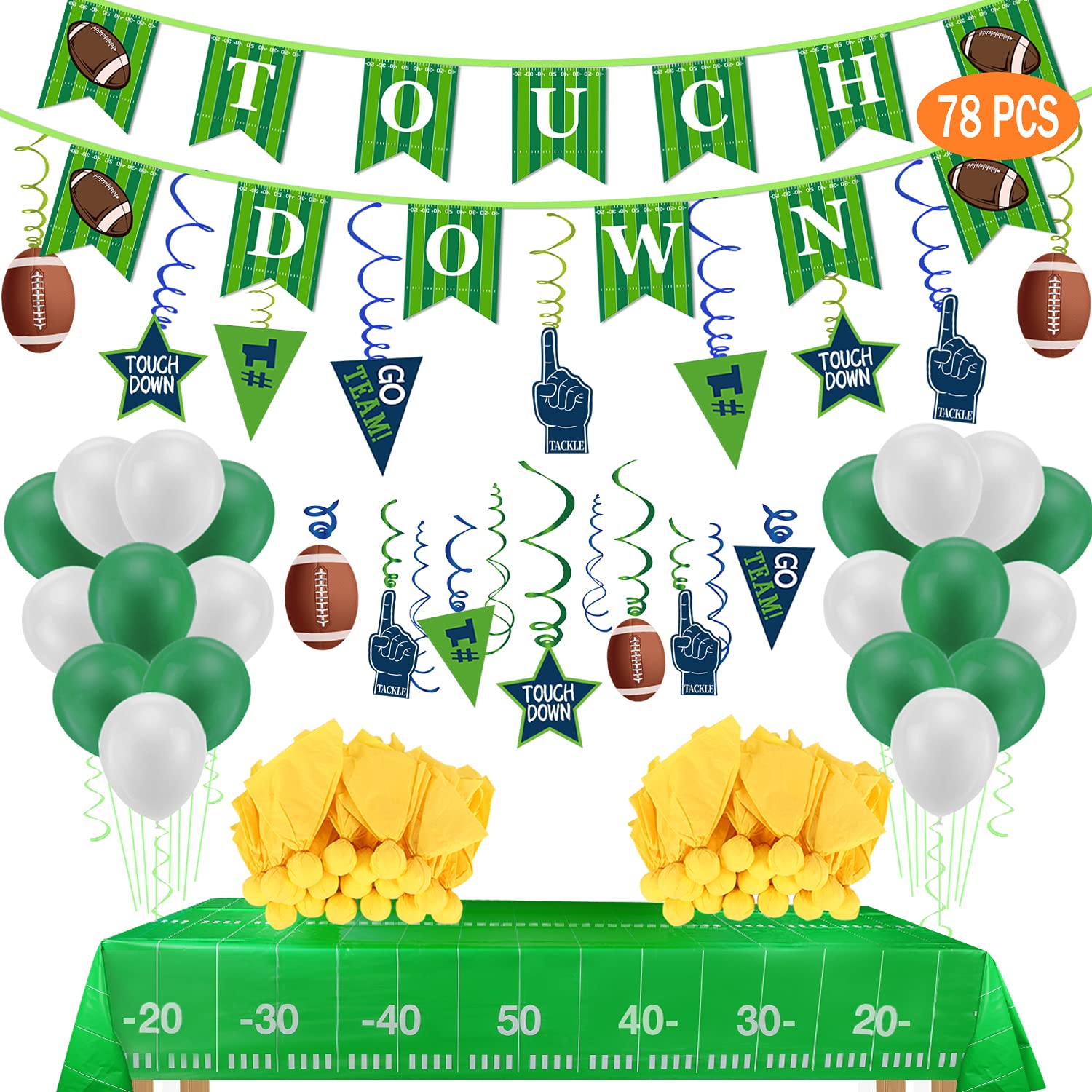 Football Party Decorations-include Tablecloths, Penalty Flag Paper Napkins, Banner, Hanging Swirls and Balloons for Super Bowl Party Supplies