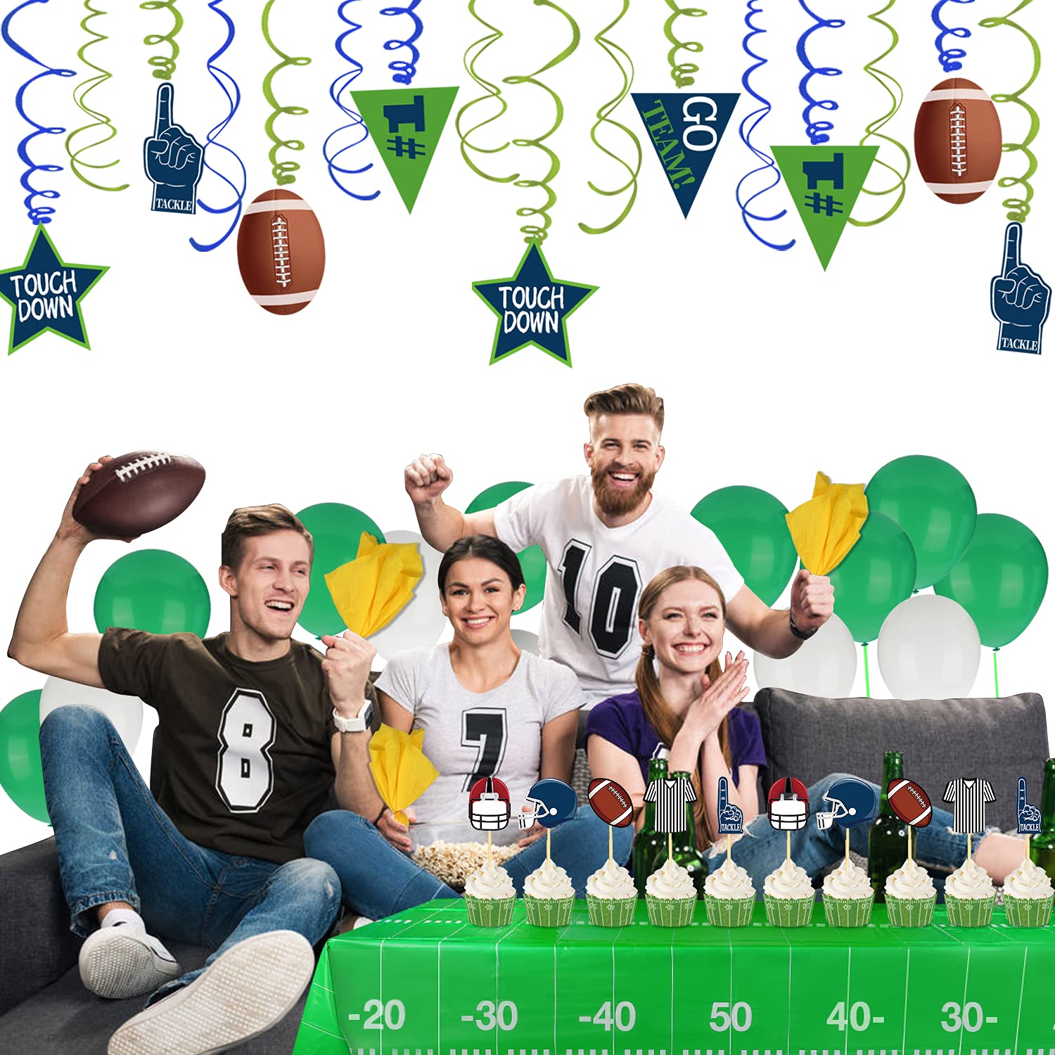 Football Party Decorations-include Tablecloths, Penalty Flag Paper Napkins, Banner, Hanging Swirls and Balloons for Super Bowl Party Supplies