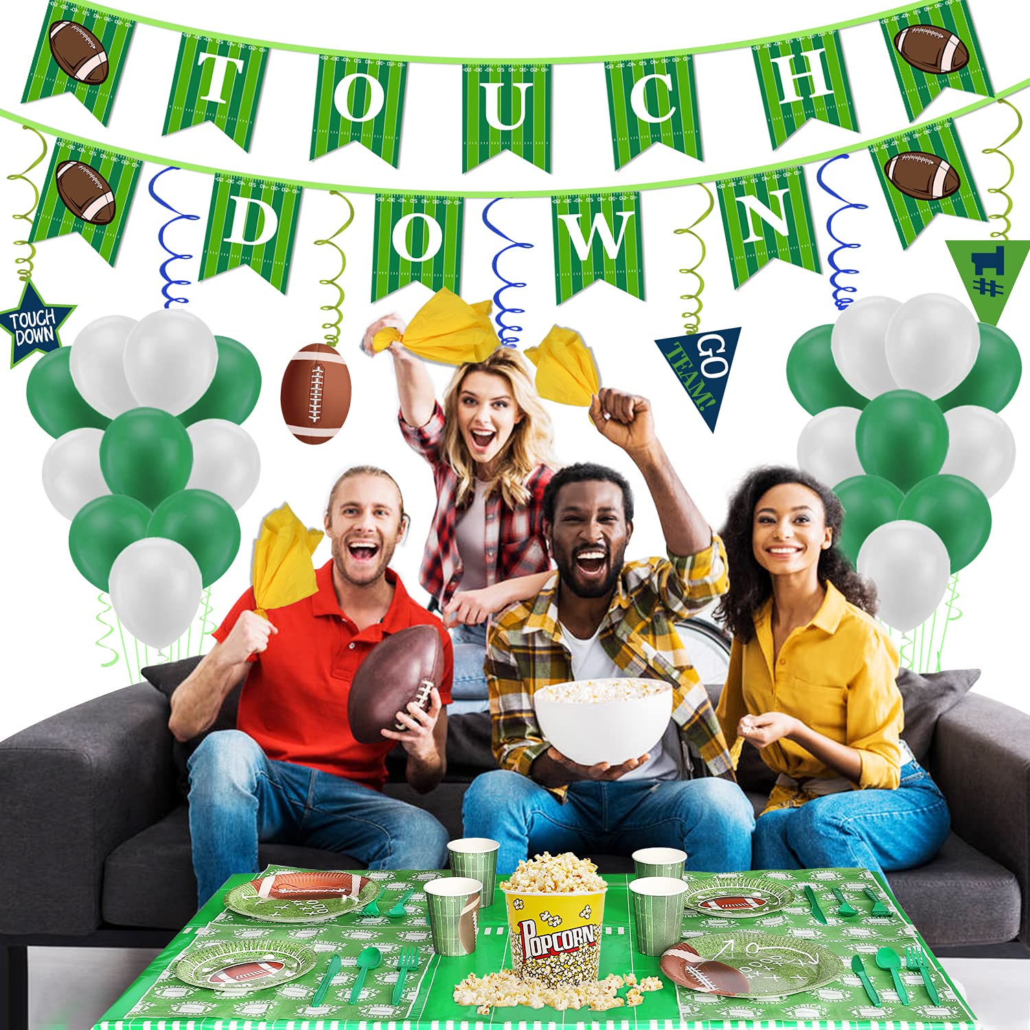 Football Party Decorations-include Tablecloths, Penalty Flag Paper Napkins, Banner, Hanging Swirls and Balloons for Super Bowl Party Supplies