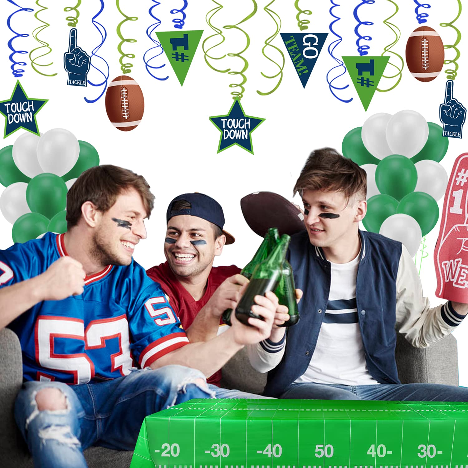 Football Party Decorations-include Tablecloths, Penalty Flag Paper Napkins, Banner, Hanging Swirls and Balloons for Super Bowl Party Supplies