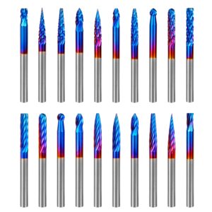 hakkin 20 pcs carbide rotary burrs set, end mill cnc router bit, 1/8" shank nano blue coating ball nose end mill, double cut coat rotary drill for die grinder woodworking, engraving, drilling, carving
