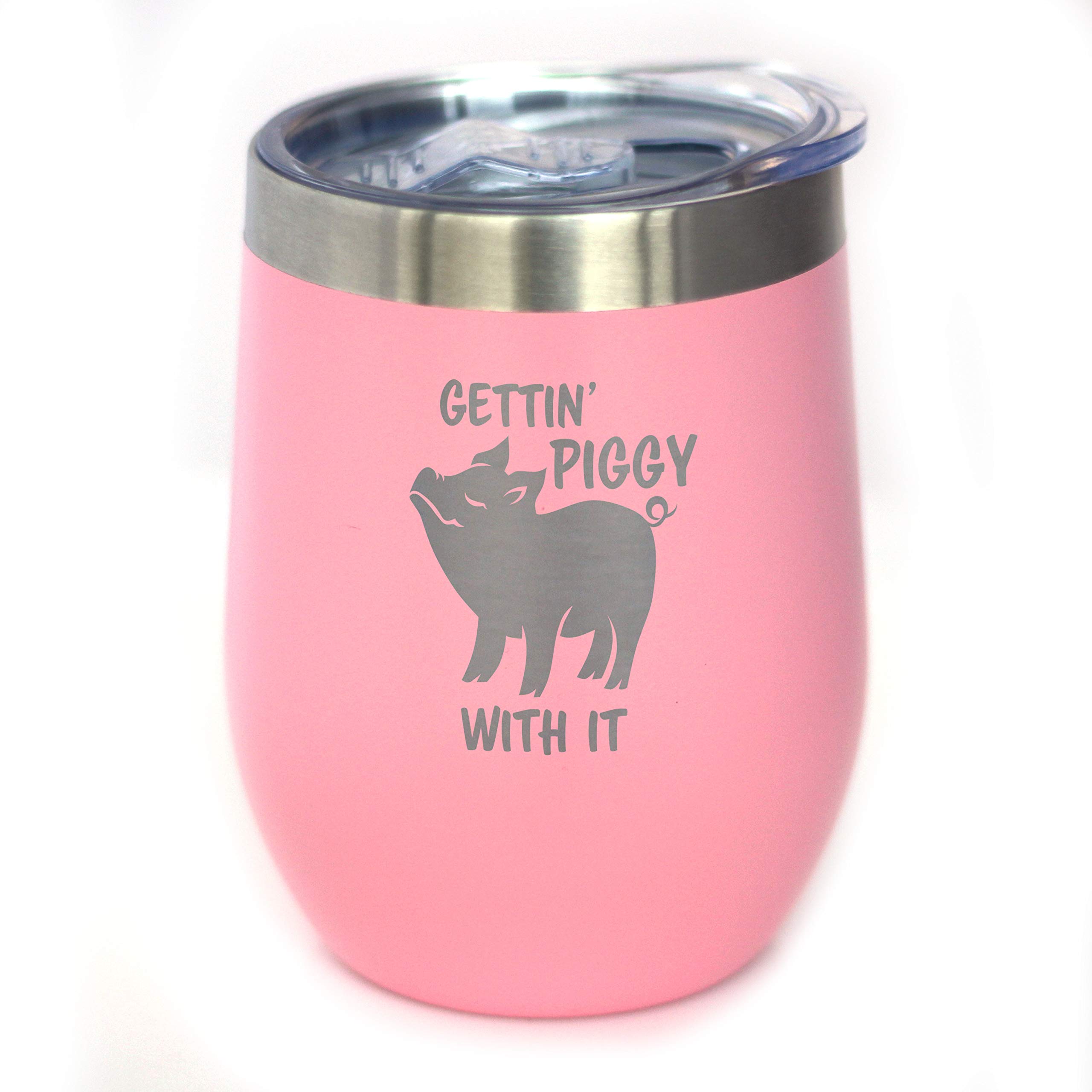 Bevvee Gettin Piggy - Wine Tumbler Glass with Sliding Lid - Stainless Steel Insulated Mug - Cute Pig Decor Gifts - Pink