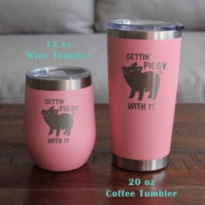 Bevvee Gettin Piggy - Wine Tumbler Glass with Sliding Lid - Stainless Steel Insulated Mug - Cute Pig Decor Gifts - Pink